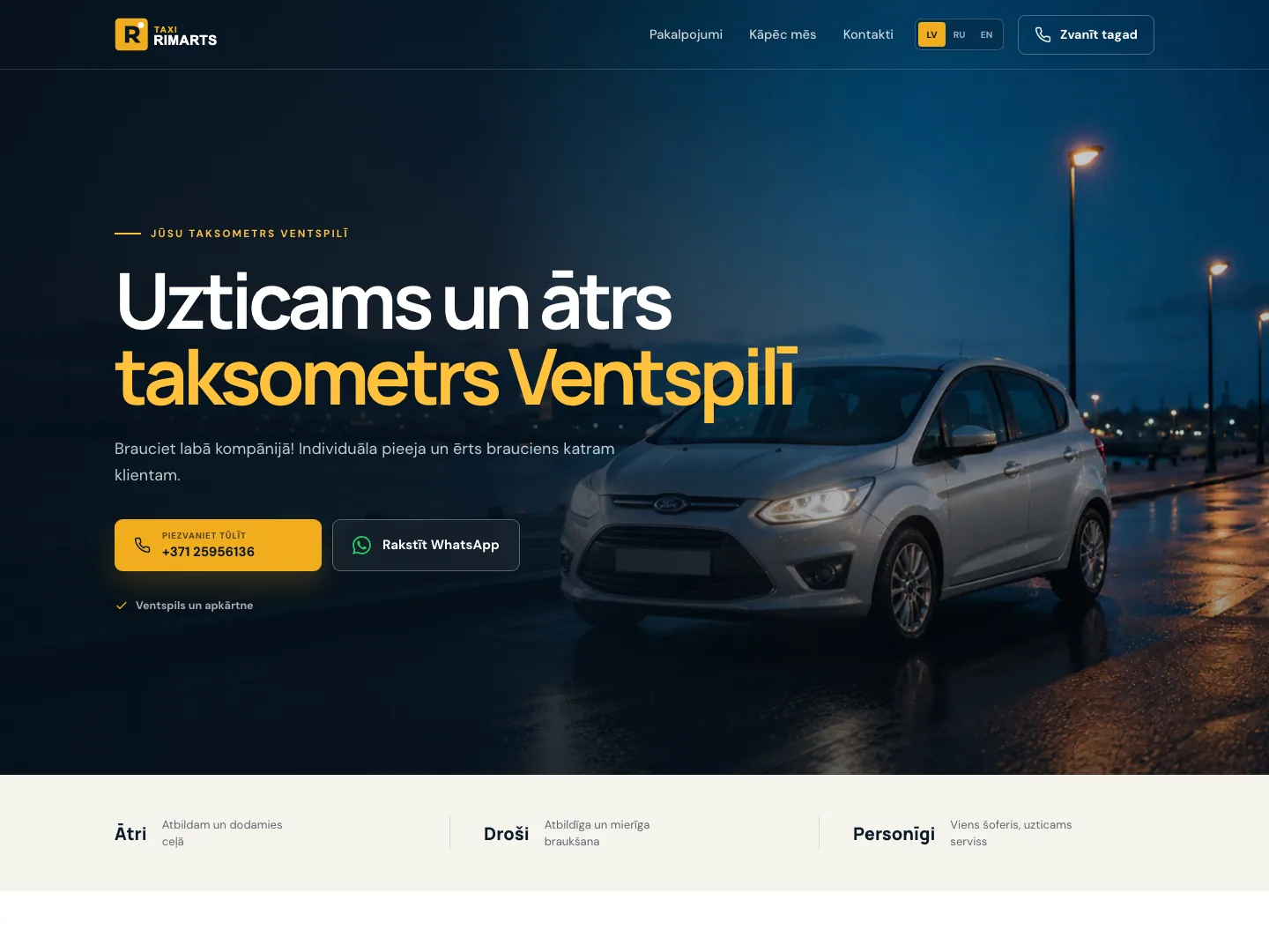 Главная страница Taxi Rimarts с автомобилем такси ночью в Вентспилсе